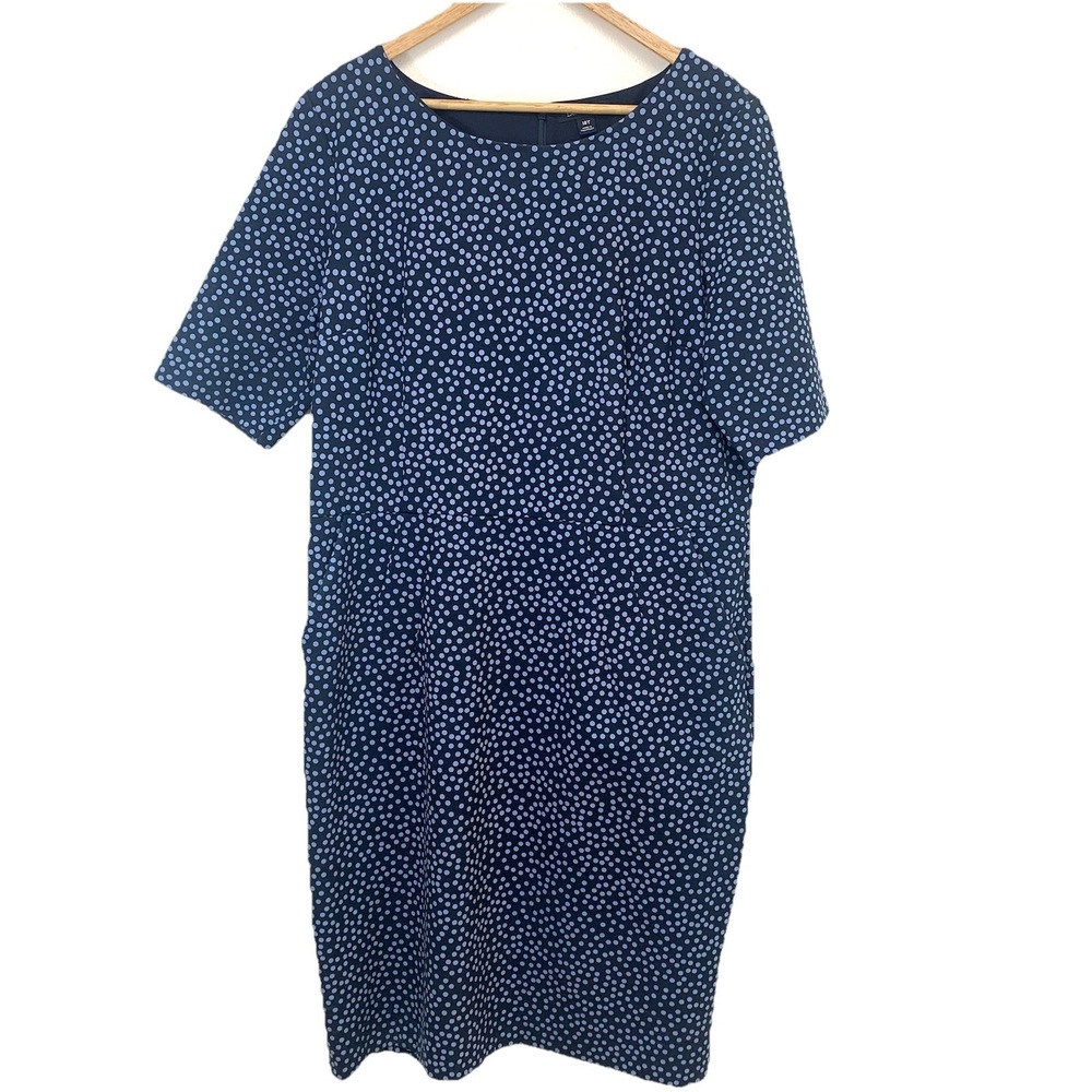 Lands End Navy Polka Dot Ponte Knit Dress 18 Tall Sheath Pockets Stretch Career